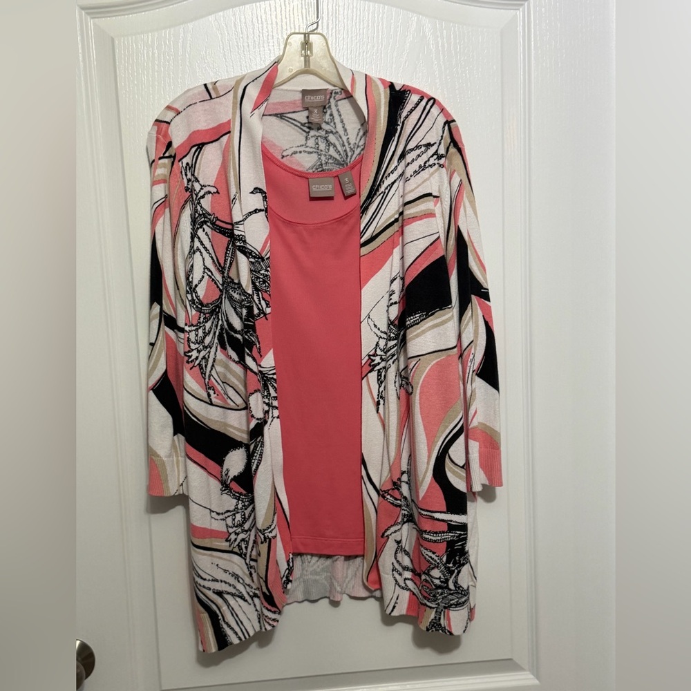 Chico's Artistic White, Coral Pink & Black Cardigan & Tank, XL